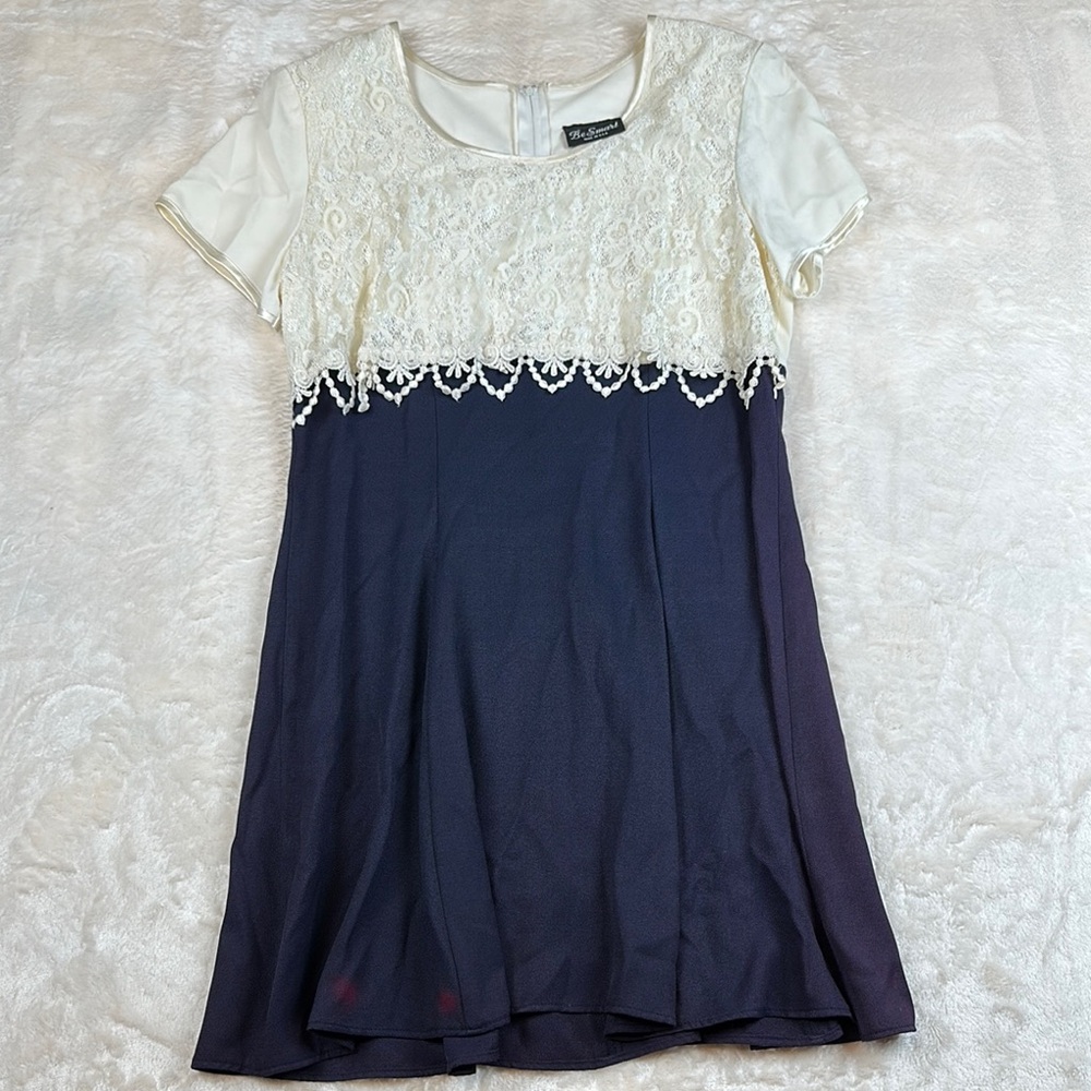 VTG Lace Cream and Blue Crew Neck Flutter Sleeve Midi Dress Made in USA